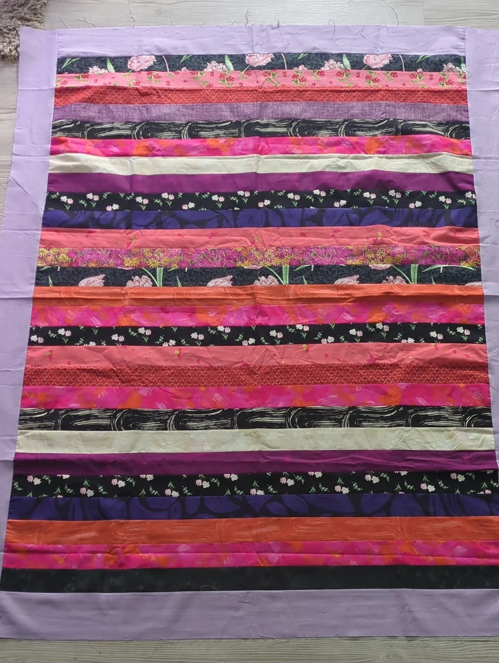 Handmade Unfinished Quilt Top UFO Modern Strip Quilt Purple Pink 49.5 x 62.5
